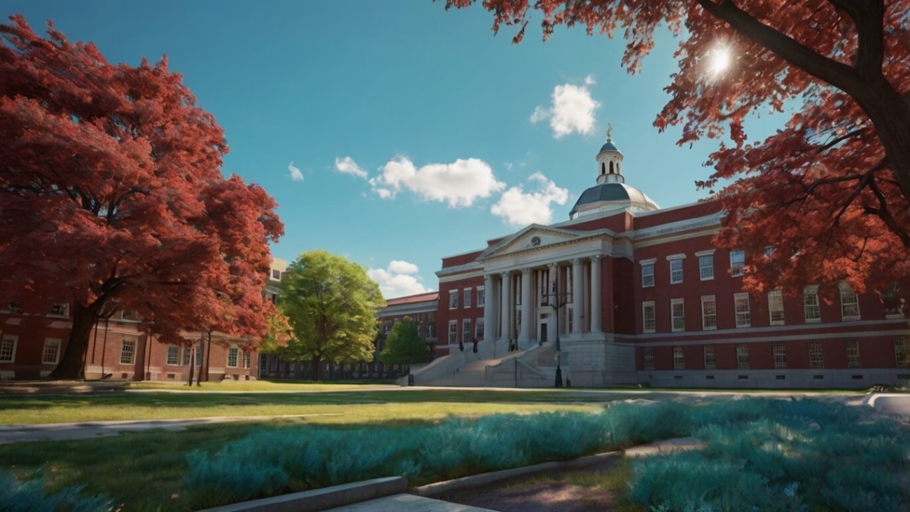 "Widener Library at Harvard with AI dashboard and Persian text for CS50AI course"