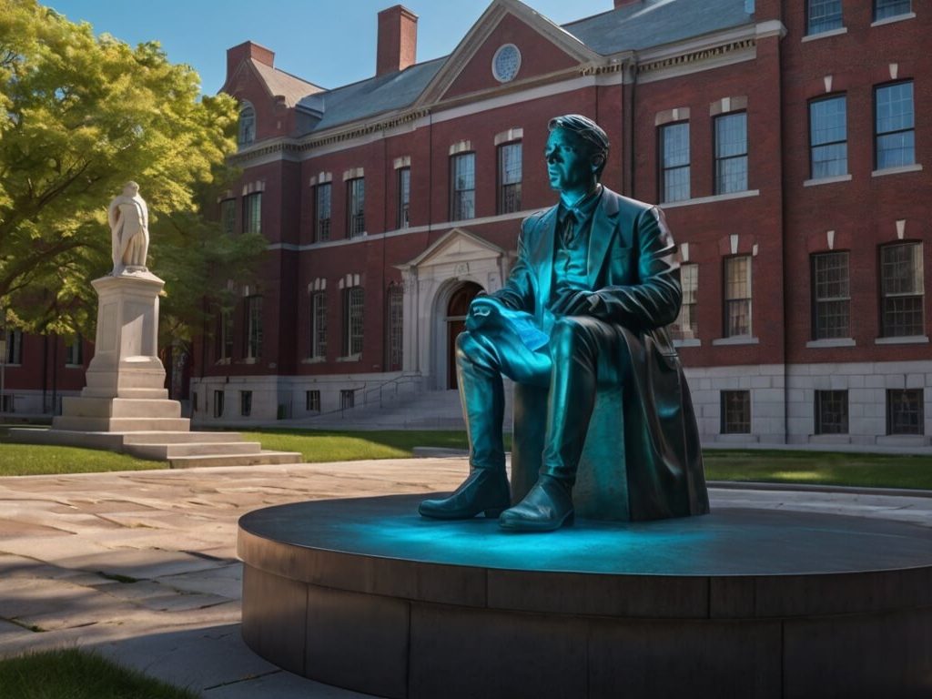 John Harvard statue with AI dashboard in Persian for CS50AI course